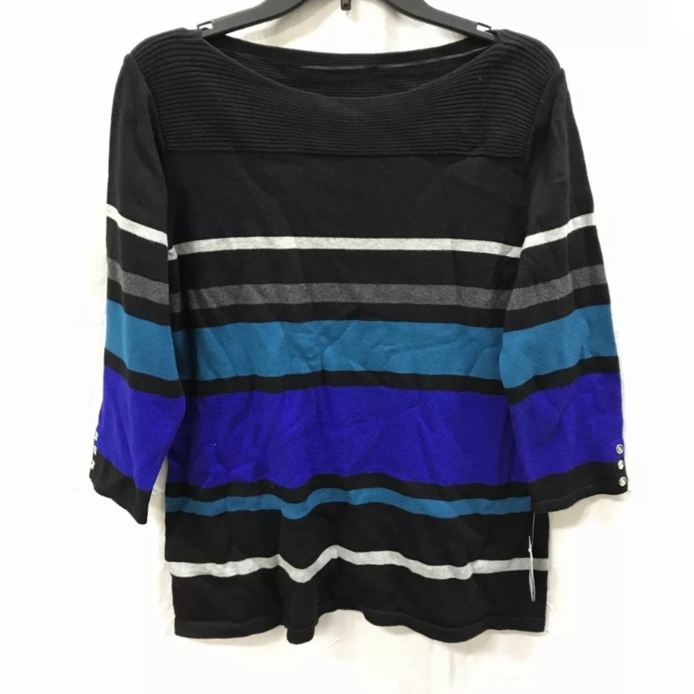 KAREN SCOTT Kirsten Stripe 3/4Sleeve Sweater Black